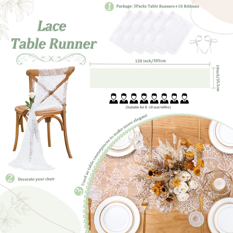 B.Cool B-COOL 5 Packs Lace Table Runner 14x120 Inch Rustic Wedding White Table Runners for Rectangle Table Vintage Hollow Lace Floral Outdoor Fall Thanksgiving Table Decoration - Image 5